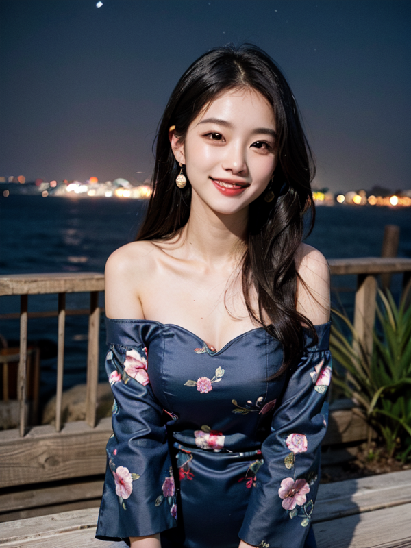00169-2798560965-Wearing a cheongsam, off the shoulder, long haired and smiling beauty, at night, by the sea, starry sky, with delicate facial fe.png